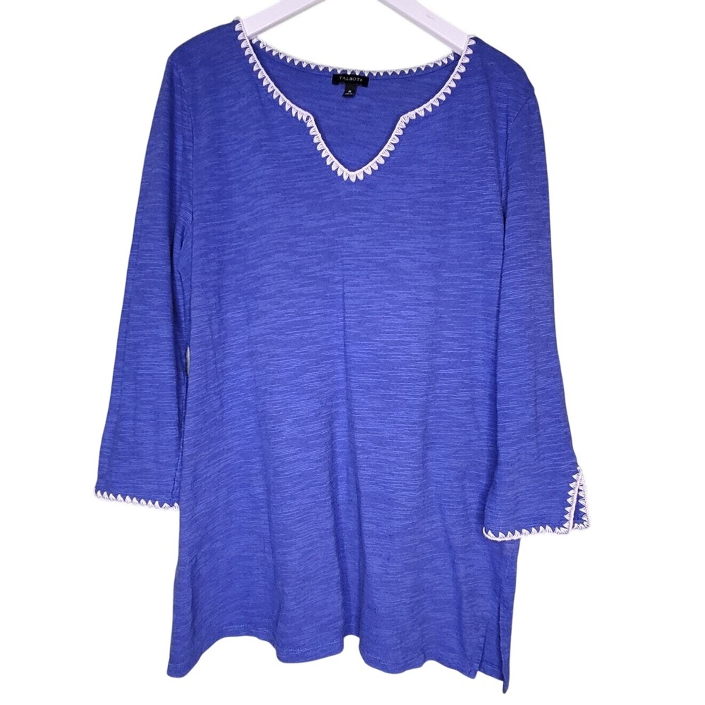 Talbots Linen Blend Top Medium Blue White Embroidery Casual V-Neck Lightweight